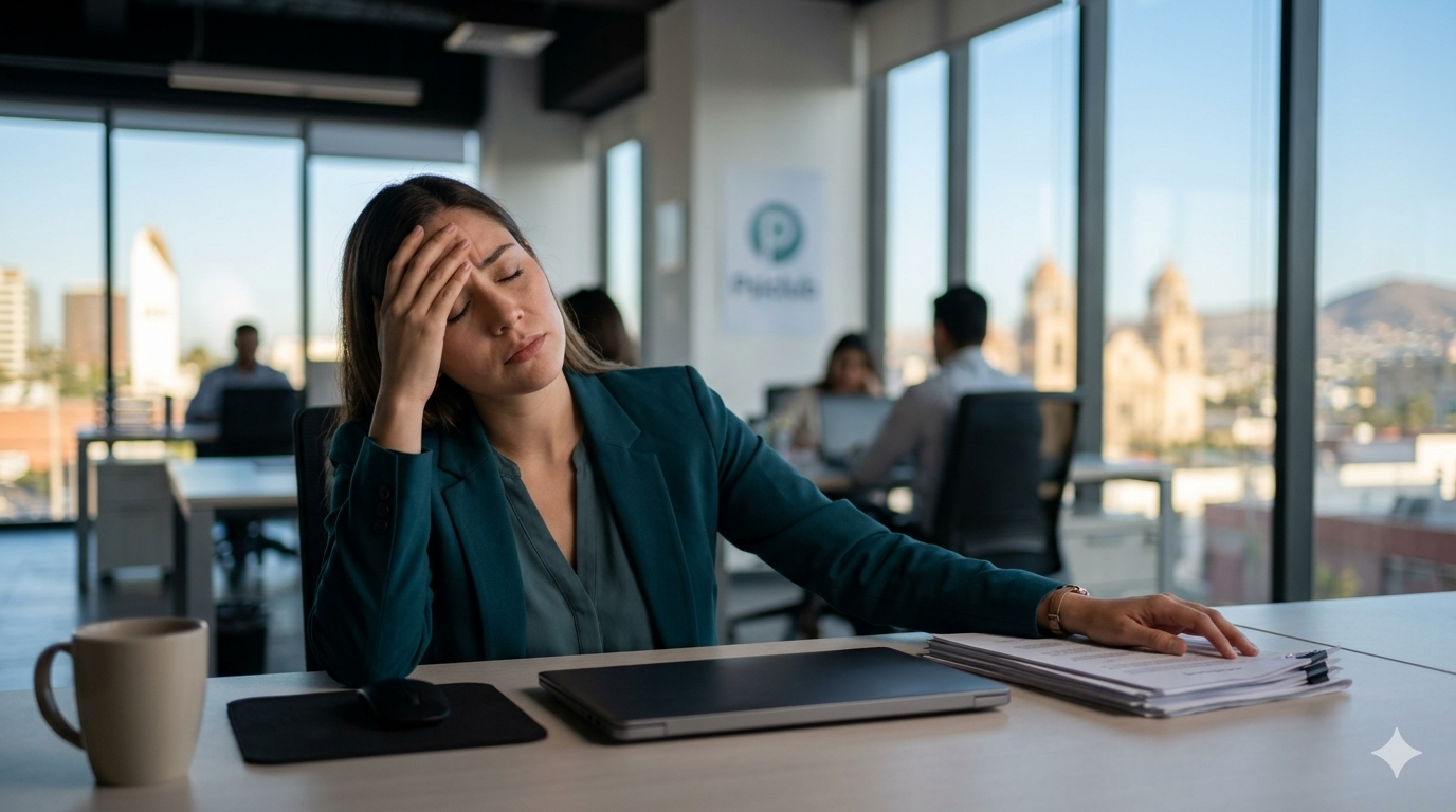 Persona estresada en oficina sufriendo síndrome de Burnout